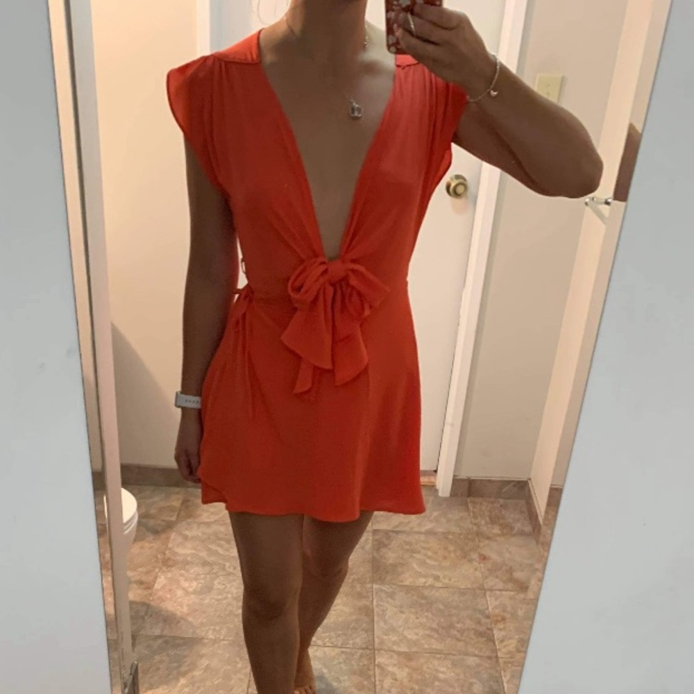 FAVLUX coral wrap dress with deep neckline